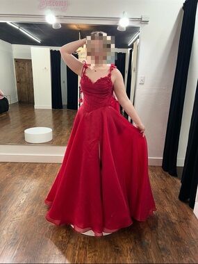 ellie wilde Red Pleated Floral Appliqué Gown
